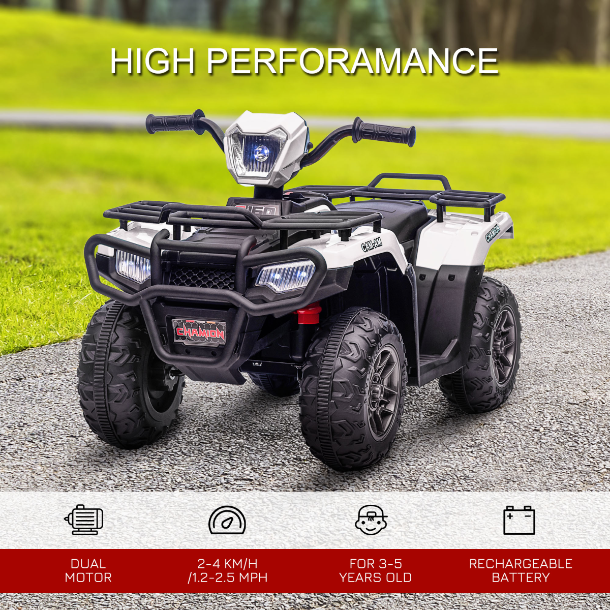 12V Electric Quad Bike for Kids w/ LED Headlights, Music - White