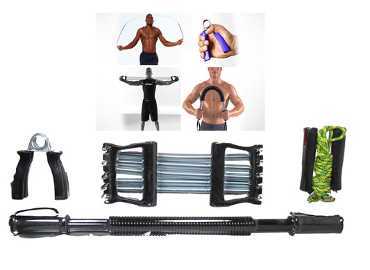 Traininggym E x ercise Workout Set Of 4 Handgrips Jump Rope Chest E x pander Power Twister 5224 A W25 (Parcel Rate)