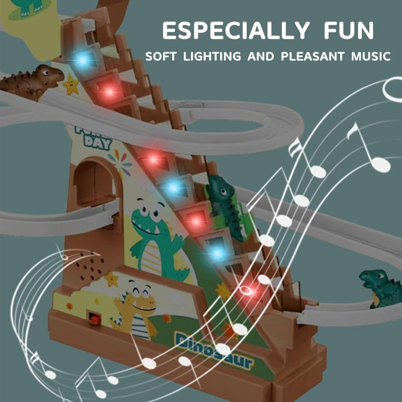 Dinosaur Climbing Stairs Track Slide Toy, Electric Dinosaur Stairs Climbing Slide Toy with 3 Cars, Climbing Track Toy for Kids