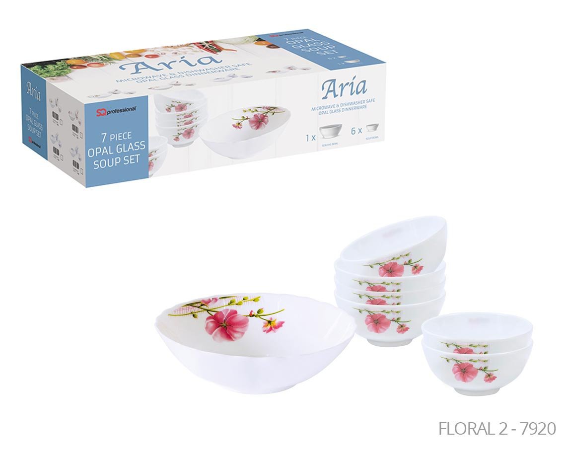Aria Opal Glass Soup Set of 7 Pink Floral 7920