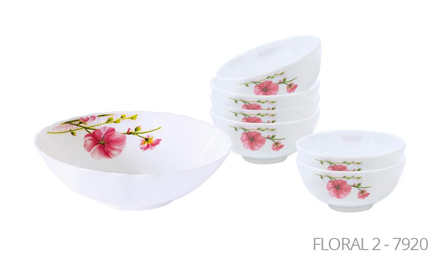 Aria Opal Glass Soup Set Of 7 Pink Floral