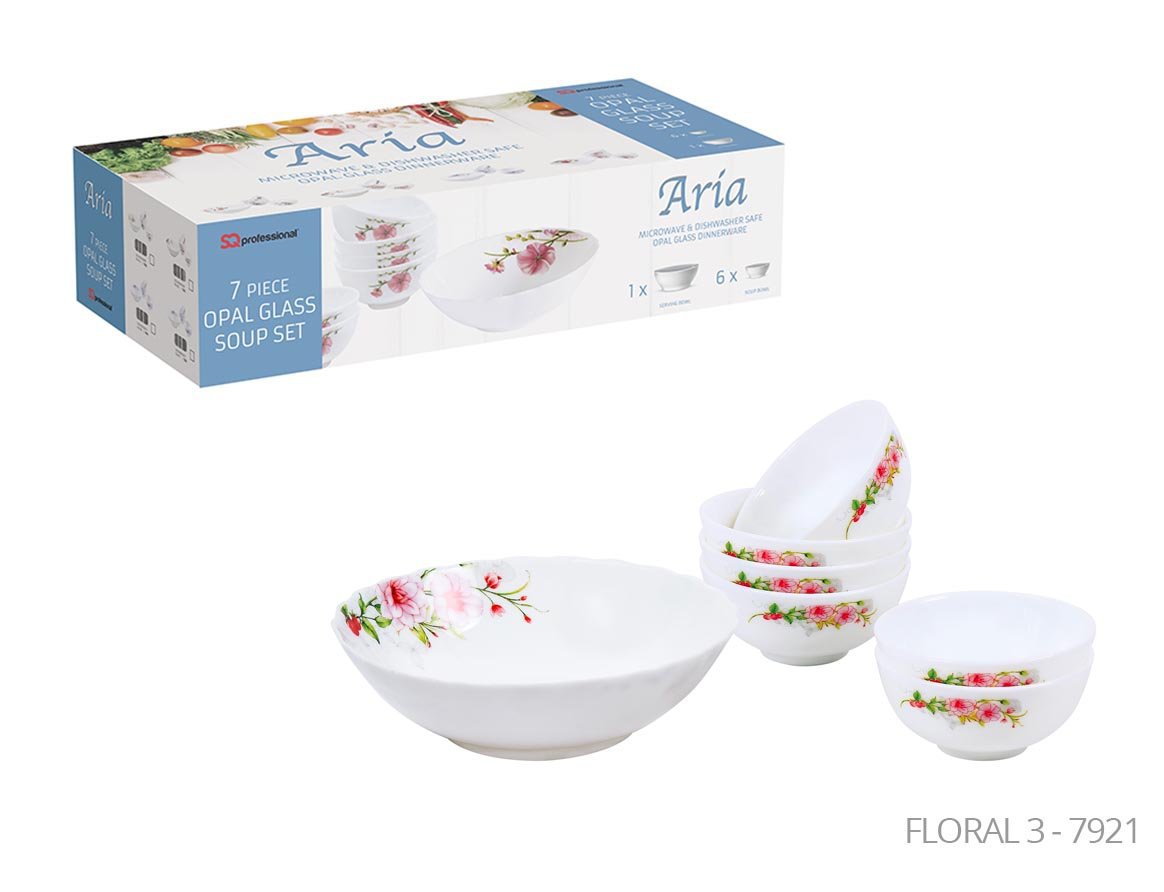 Aria Opal Glass Soup Set of 7 White Pink Floral 7921