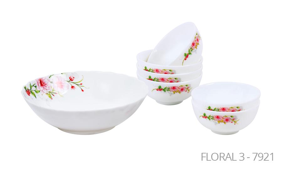 Aria Opal Glass Soup Set of 7 White Pink Floral 7921