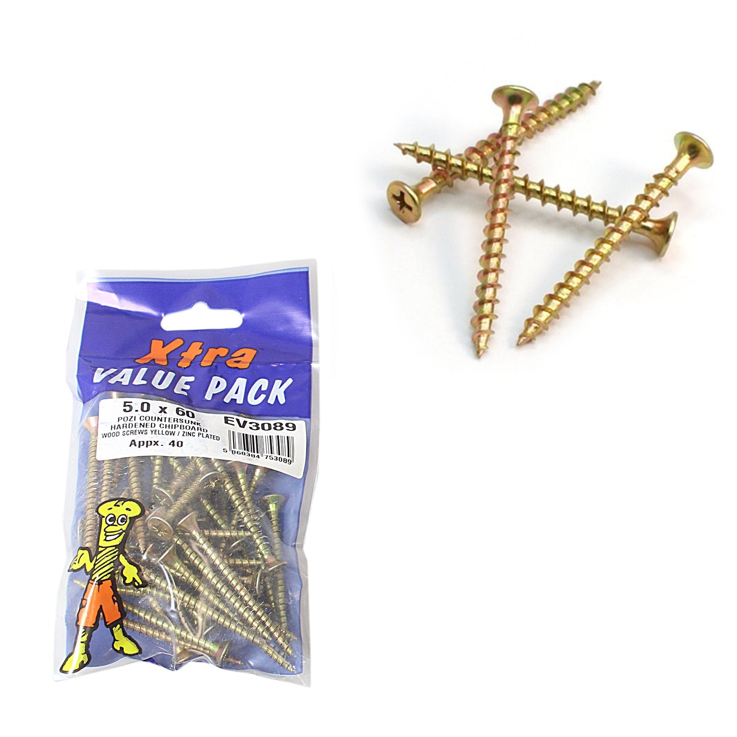 5.0 x 60 Pozi c/sk Chipboard Screws Xtra Value Diy 3089