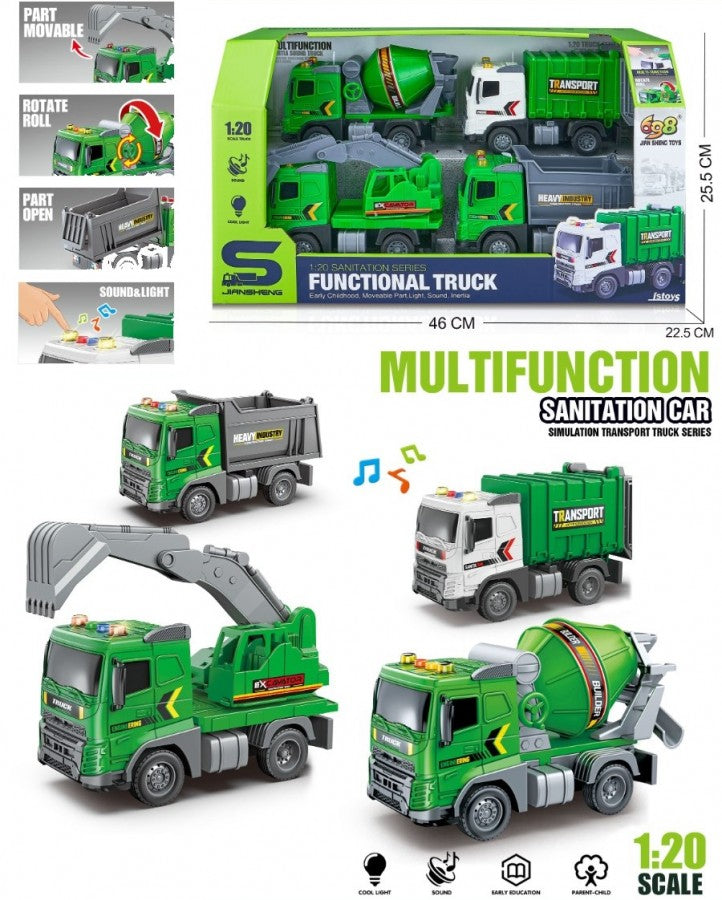 4Pcs 1:20 Sanitation Truck – Movable Parts, Light & Sound, Rotating Roll, Simulation Transport Vehicle.
