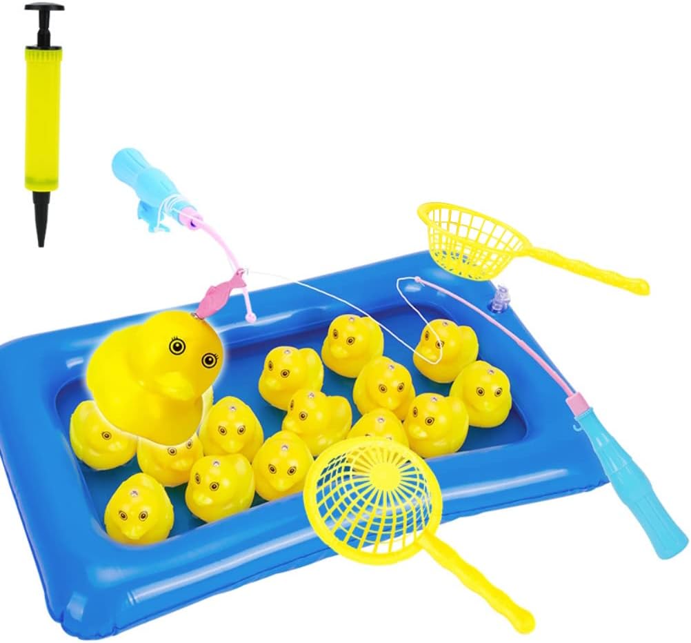 Inflatable Hook A Duck Pond Duck Catching Game Toys with Rods, Inflatable Pool and 10 Ducks