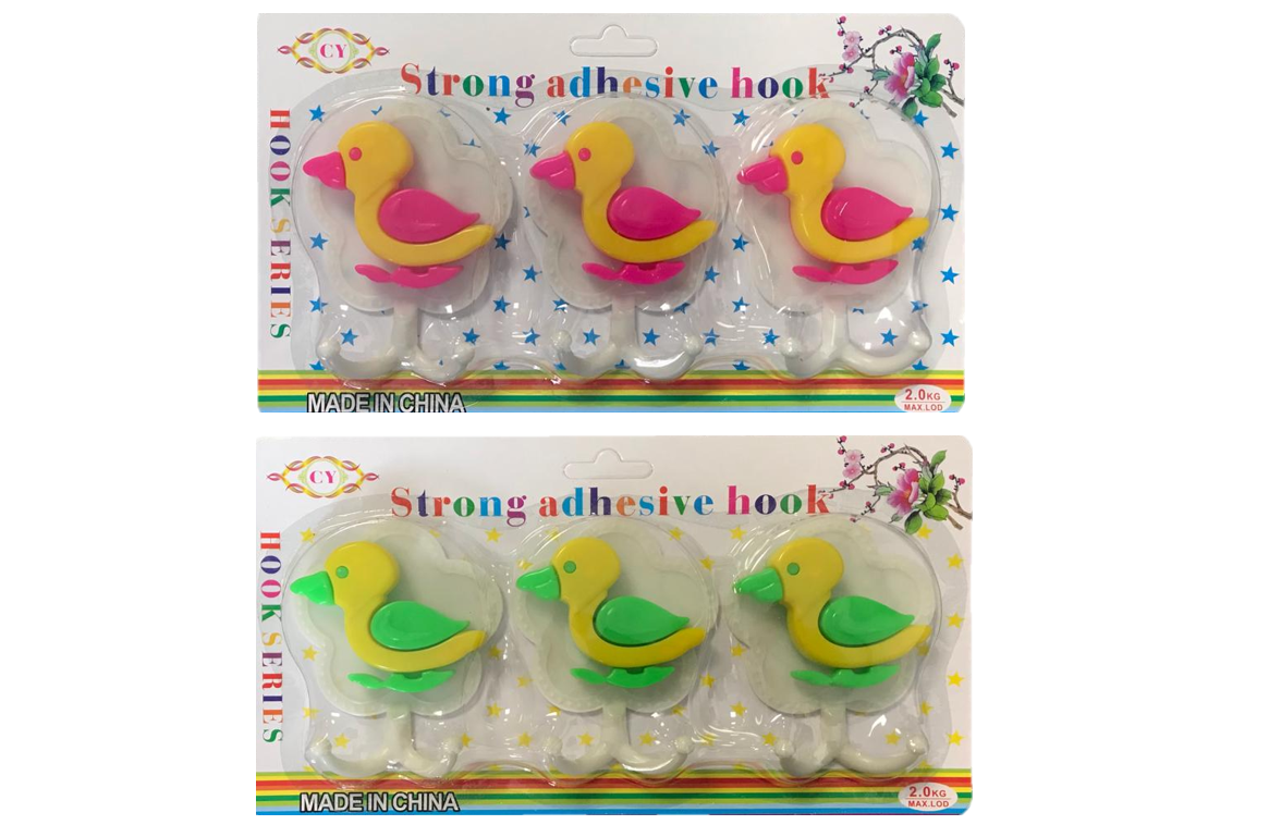 Plastic Stick On Adhesive Bathroom Hooks Duck Design 3pc Assorted Colours 5192