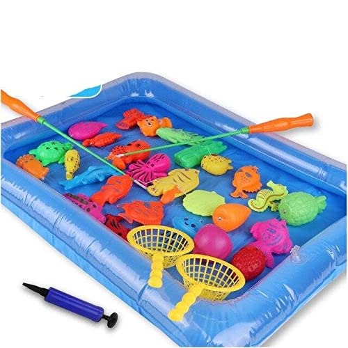 Inflatable Fish Pond Fishing Fish Catching Game Toys with Fishing Road, Inflatable Pool and 20 Aquatic Animals