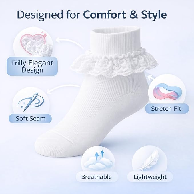 Girls Back To School 3 Pack of Frill Lace Socks - 3 Colours