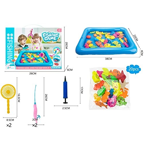 Inflatable Fish Pond Fishing Fish Catching Game Toys with Fishing Road, Inflatable Pool and 20 Aquatic Animals