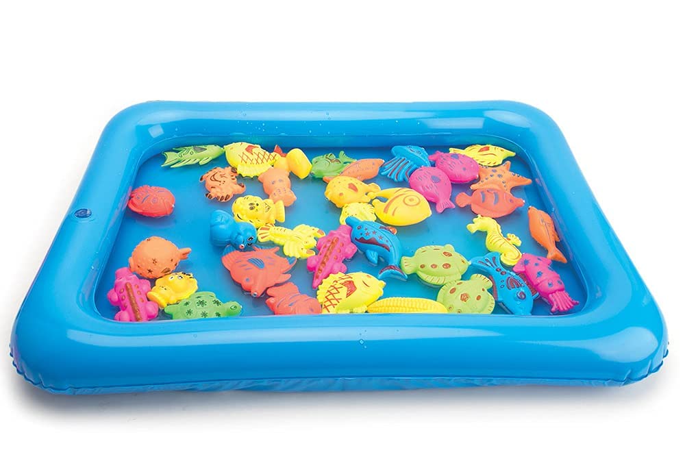 Inflatable Fish Pond Fishing Fish Catching Game Toys with Fishing Road, Inflatable Pool and 20 Aquatic Animals