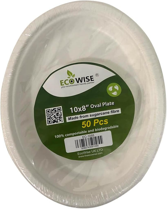 Disposable Compostable Eco-Bio Bagasse Sugarcane Oval Plate 10 x 8" Pack of 50 EC1055