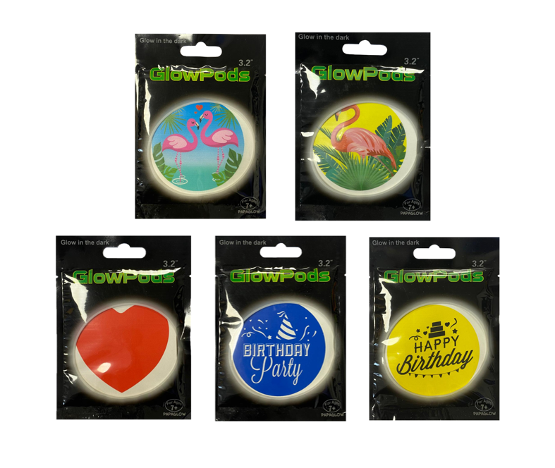 Glow In The Dark Round Sticker Glow Pod 3.2" Assorted Designs