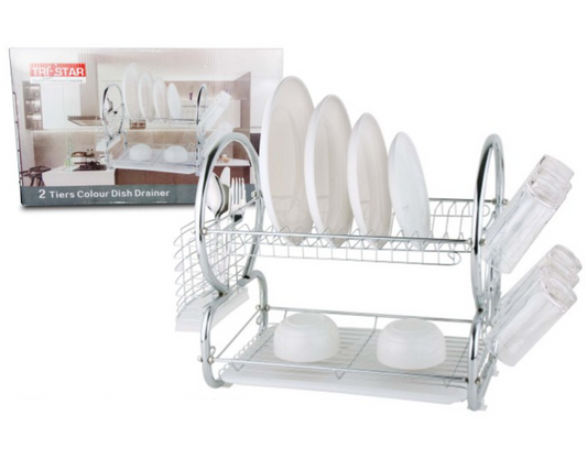 Tristar 2 Tier Dish Drainer Cutlery Rack With Drip Tray Silver