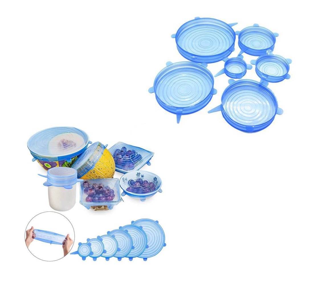 Microwave Safe Silicone Stretch Lids Flexible Bowl Covers 6-Piece Transparent Blue 5536