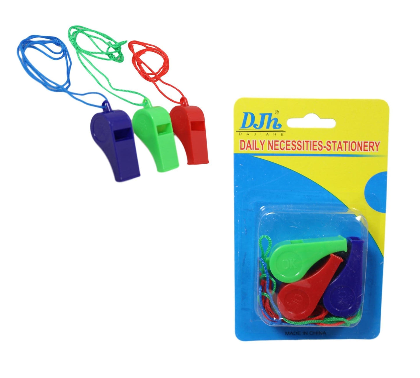 Plastic Whistles with Neck Cord Pack of 3 Assorted Colours 5564 A