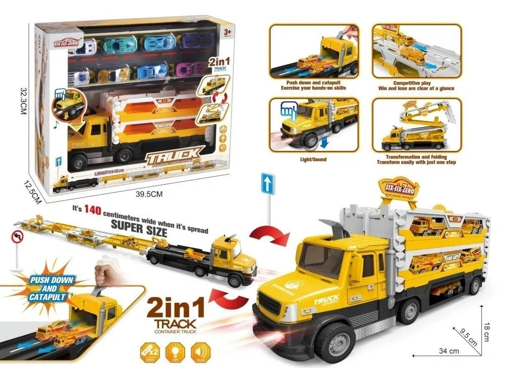 2 In 1 Engineering Container Truck With Construction Vehicles, 140Cm Spread Size