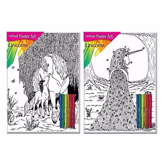 Velvet Poster Art Children'S' Fun Colouring With Pens Unicorns 1 2 Designs
