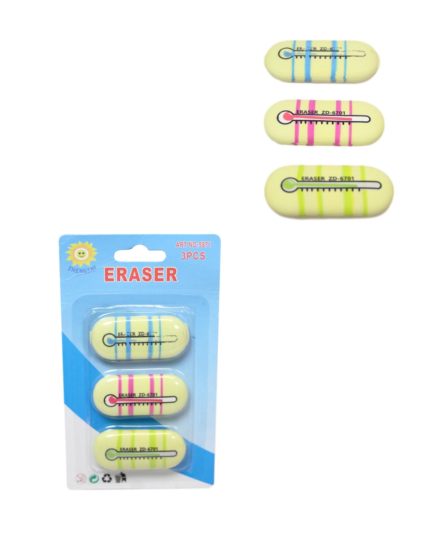 Stationary School Eraser Rubber Thermometer Themed 5 x 0.5 cm Pack of 3 Assorted Colours 5871