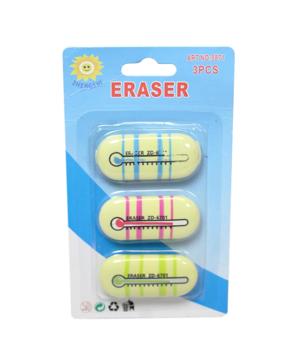 Stationary School Eraser Rubber Thermometer Themed Pack Of 3 Assorted Colours