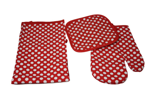 Oven Glove Apron Pan Holder Set of 3 Polka Dot Design Assorted Colours 5920  A