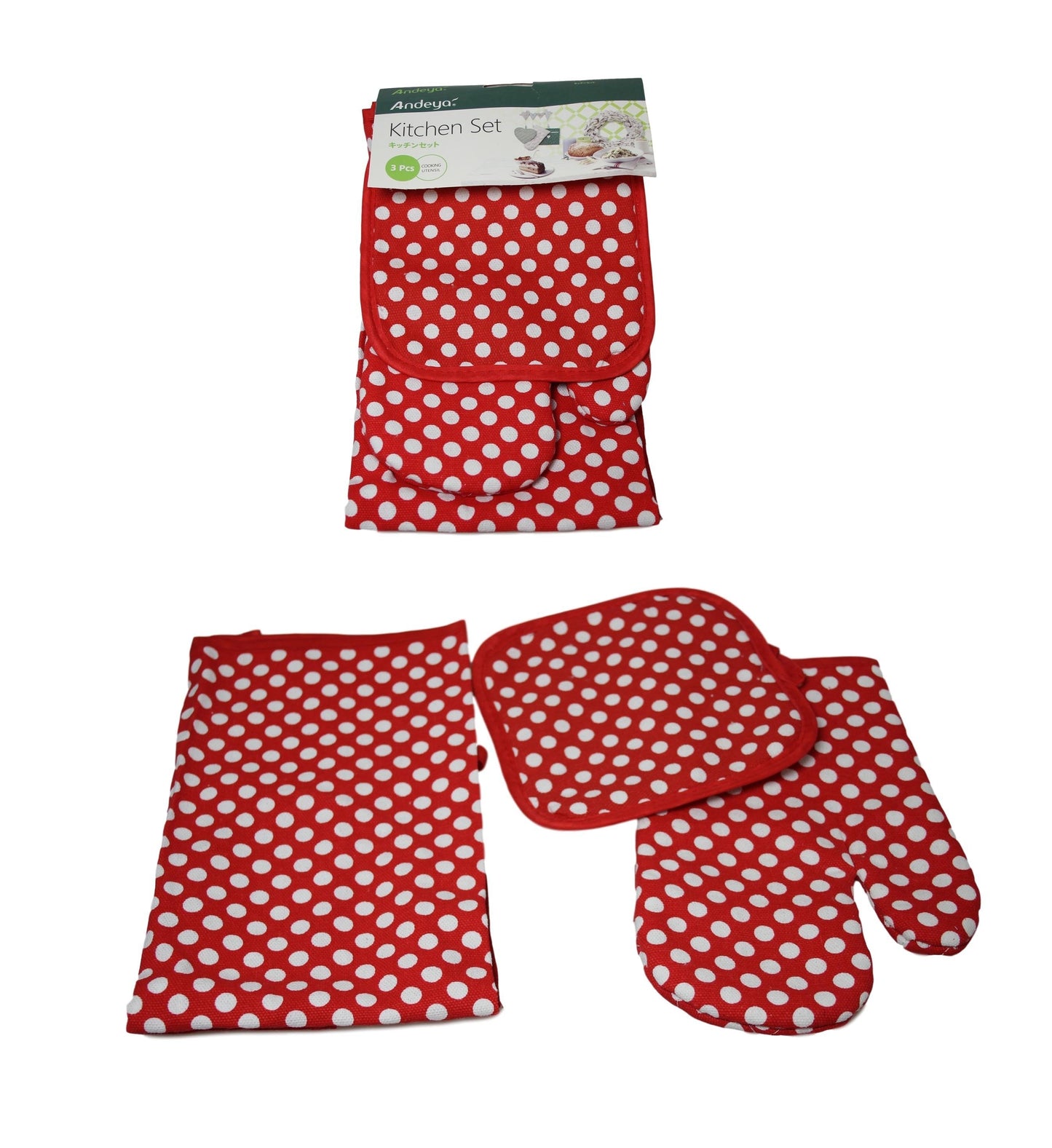 Oven Glove Apron Pan Holder Set of 3 Polka Dot Design Assorted Colours 5920  A