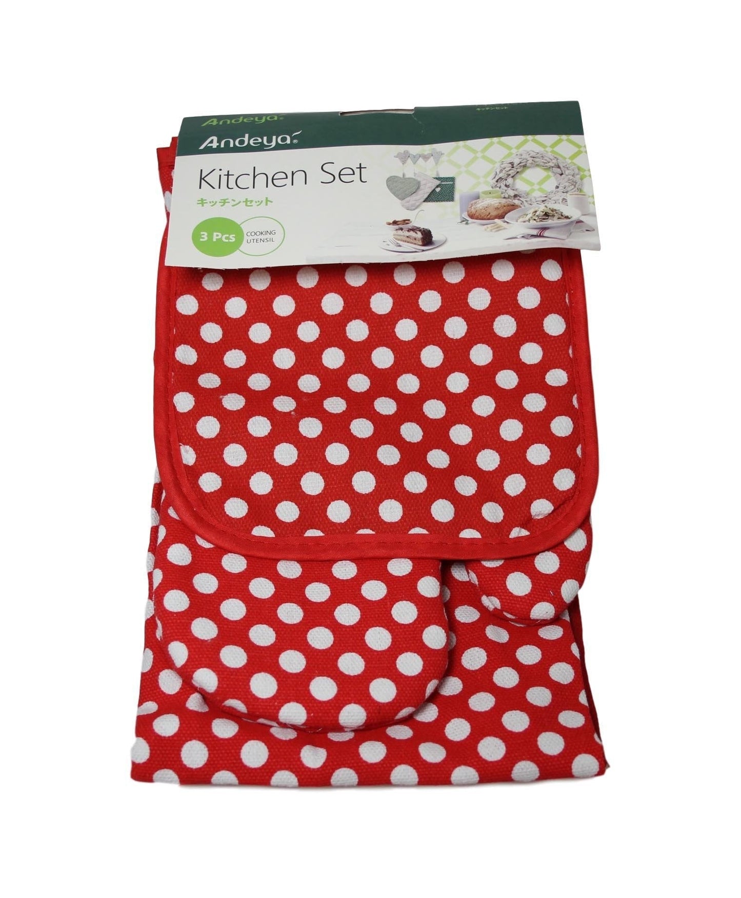 Oven Glove Apron Pan Holder Set of 3 Polka Dot Design Assorted Colours 5920  A