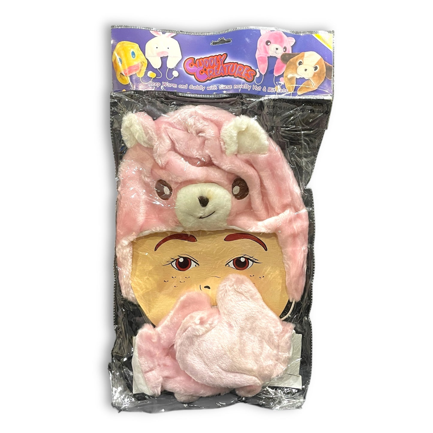 Kids Soft Hat & Mittens Set Cuddly Creatures - Pink Bear