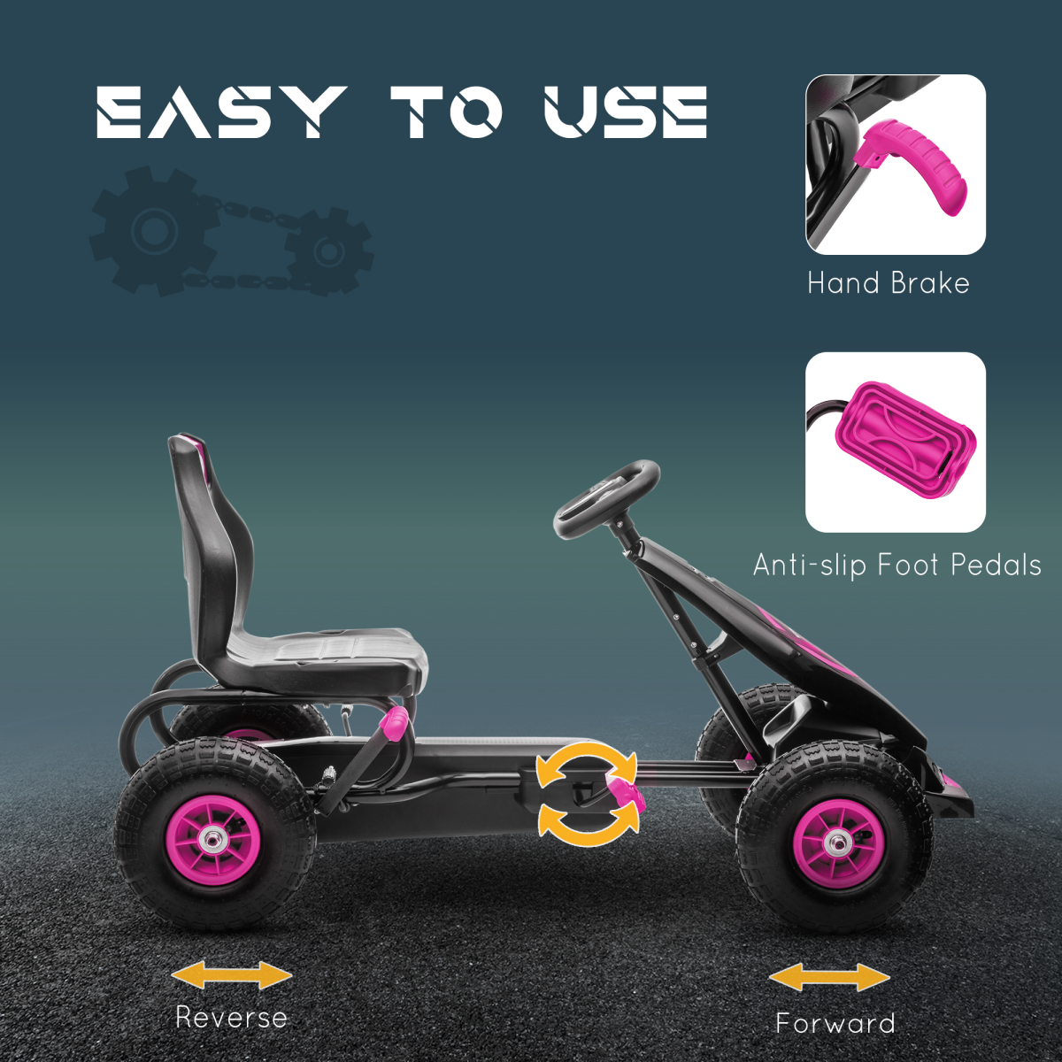 Kids Pedal Go Kart w/ Adjustable Seat, Rubber Wheels, Brake - Pink