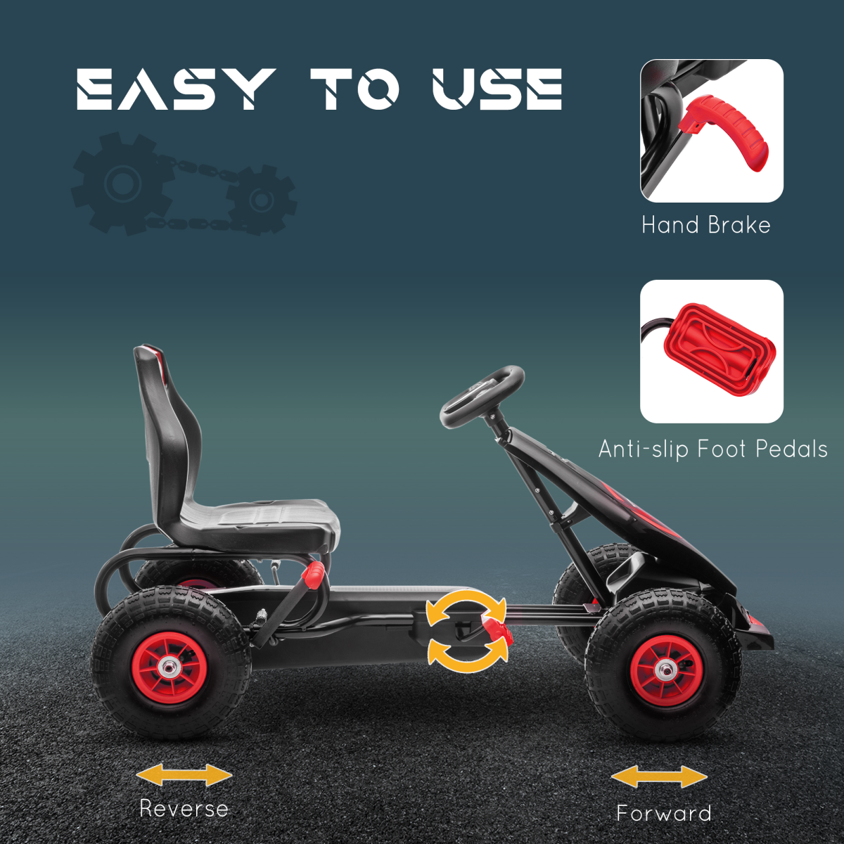 Kids Pedal Go Kart w/ Adjustable Seat, Rubber Wheels, Brake - Red