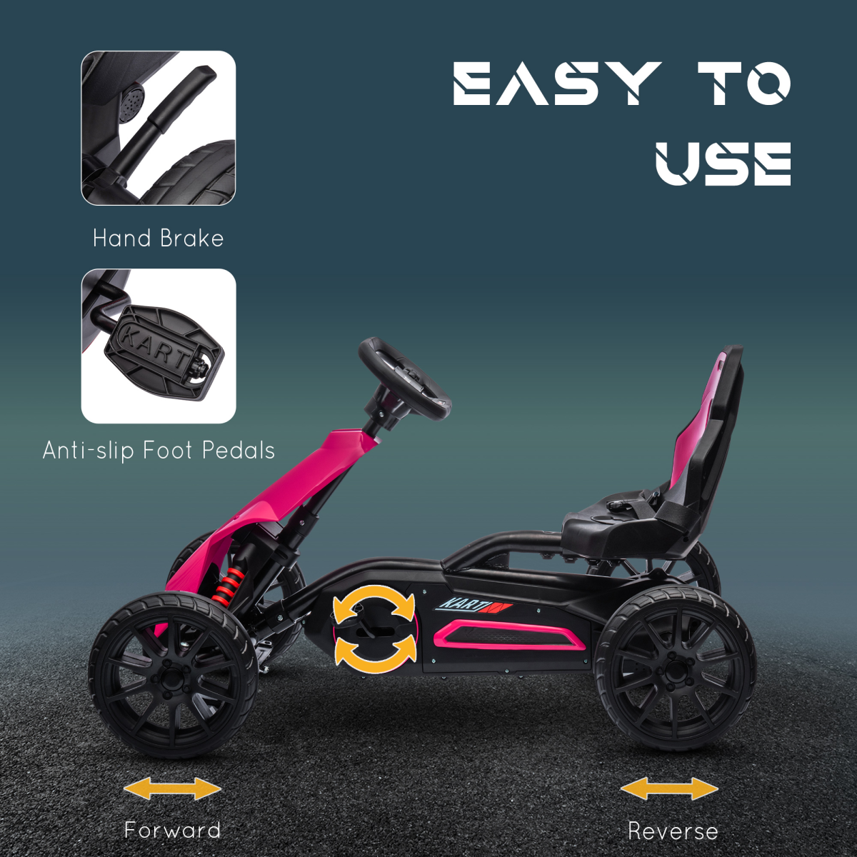 Kids Pedal Go Kart with Adjustable Seat, Handbrake - Pink