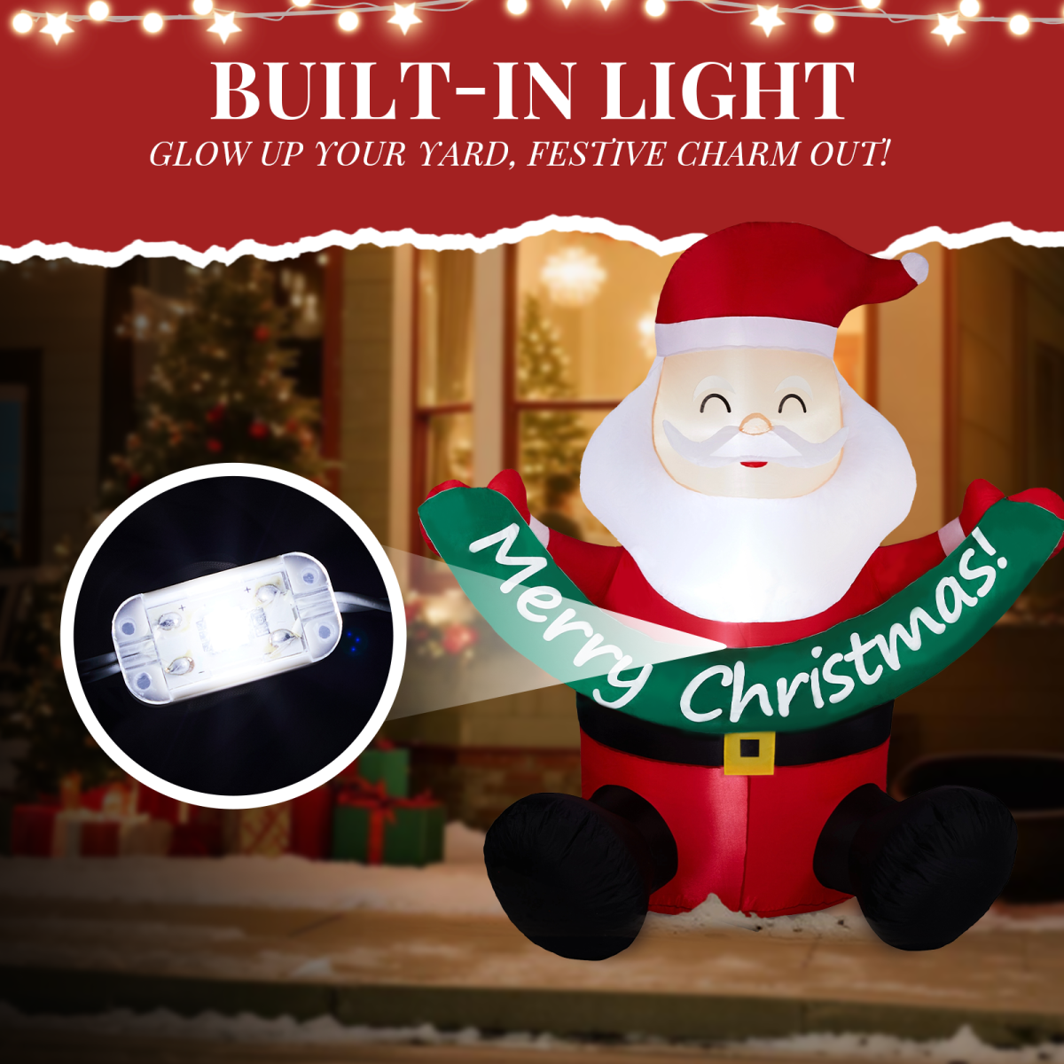 1.75M Lighted Christmas Inflatable Decoration, Inflatable Santa Claus Holding Banner, Funny Blow Up Yard Decorations with Built-in LED Lights for Holiday Party Front Yard Lawn Garden Decor