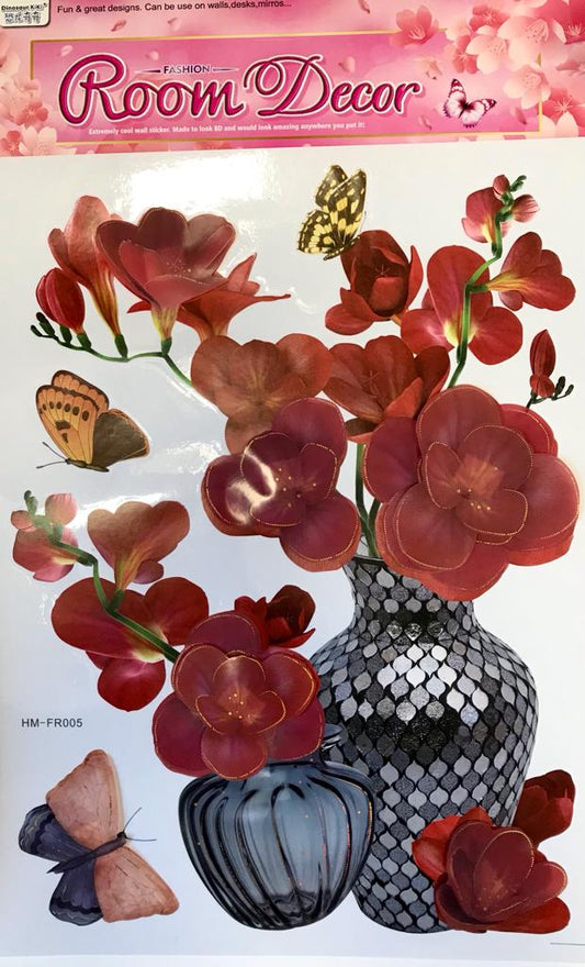 Room Decor 3D Effect Wall Stickers Flowers Vase Design 49 x 30 cm Assorted Designs and Colours 7126