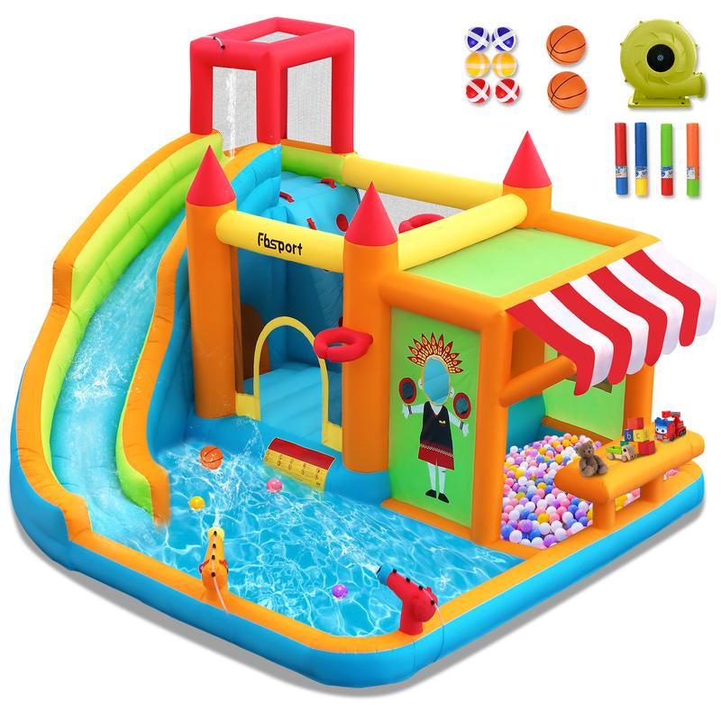 FBSPORT Inflatable Bounce House Water Slide for Kids with Toy Market Splash Pool Bouncer Castle Climbing Wall Ball Dart W/620W Blower Outdoor Indoor