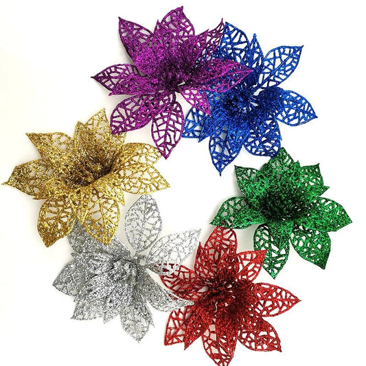 Christmas Tree Decoration Poinsettia Flower Glitter with Clip Assorted Colours 1462