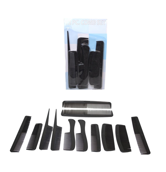 Black Plastic Hairdresser Barber Salon Comb Set Of 12 Assorted Combs