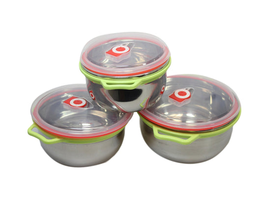 Stainless Steel 3 Pack Kitchen Bowl Set With Plastic Clear Lid Multipurpose Use  6107