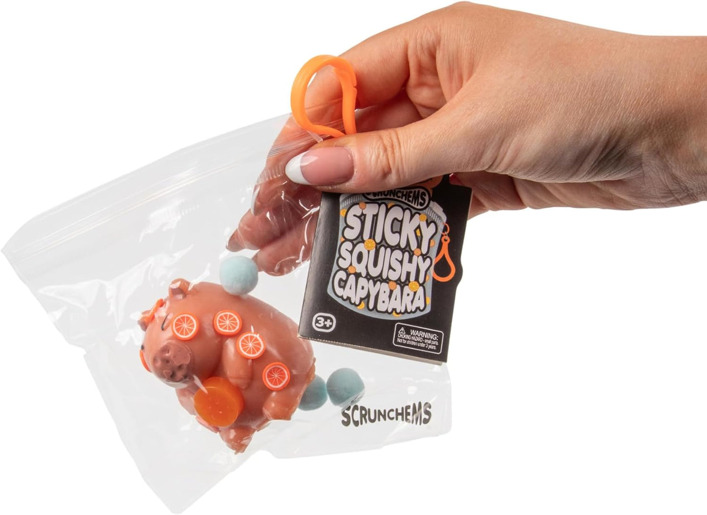 Scrunchems Sticky Squishy Cabybara Fidget Squish Sensory Toy in Bag with Keychain Clip