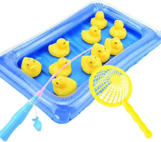 Inflatable Hook A Duck Pond Duck Catching Game Toys with Rods, Inflatable Pool and 10 Ducks