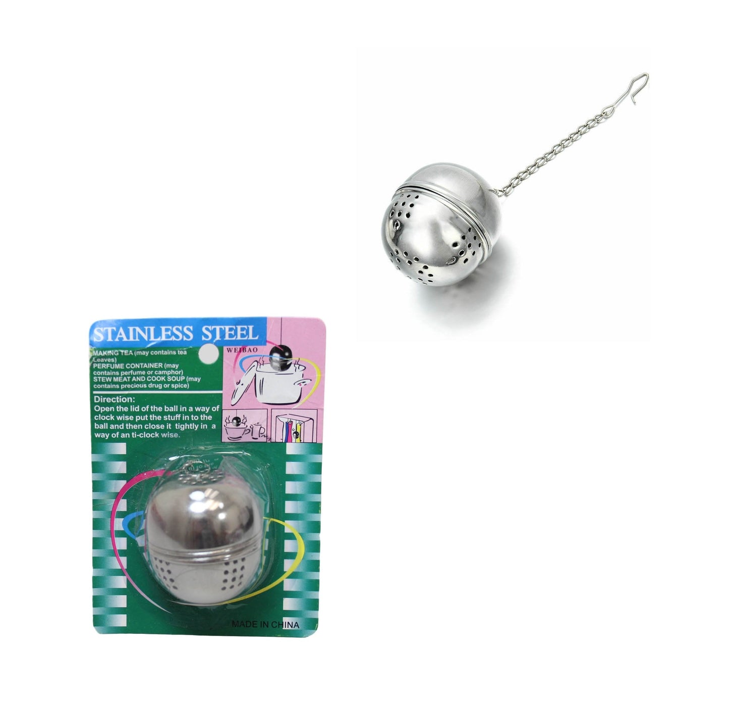 Stainless Steel Tea Bag Green Tea/ Herb Spice Infuser Holder Steel Ball With Chain 6124