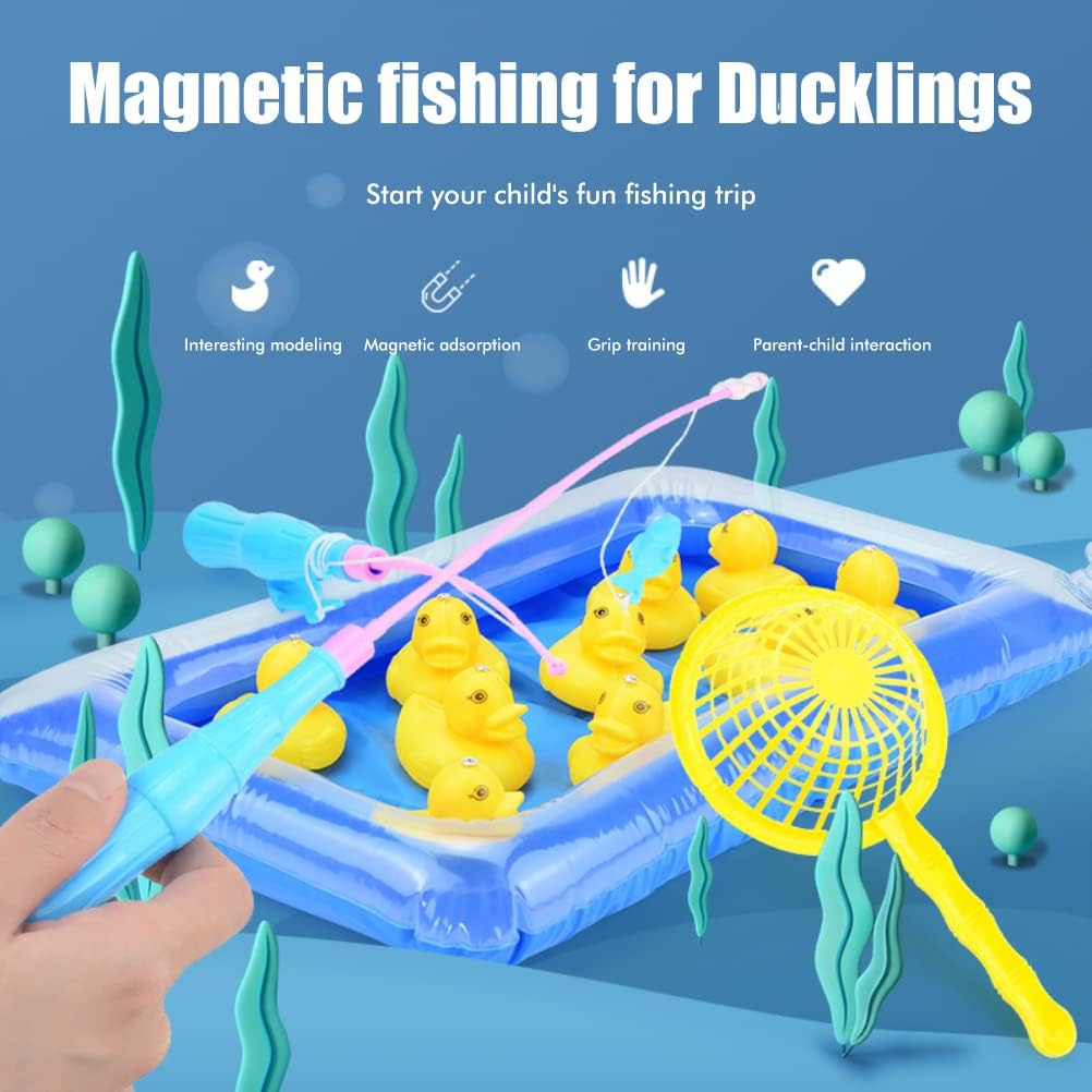 Inflatable Hook A Duck Pond Duck Catching Game Toys with Rods, Inflatable Pool and 10 Ducks