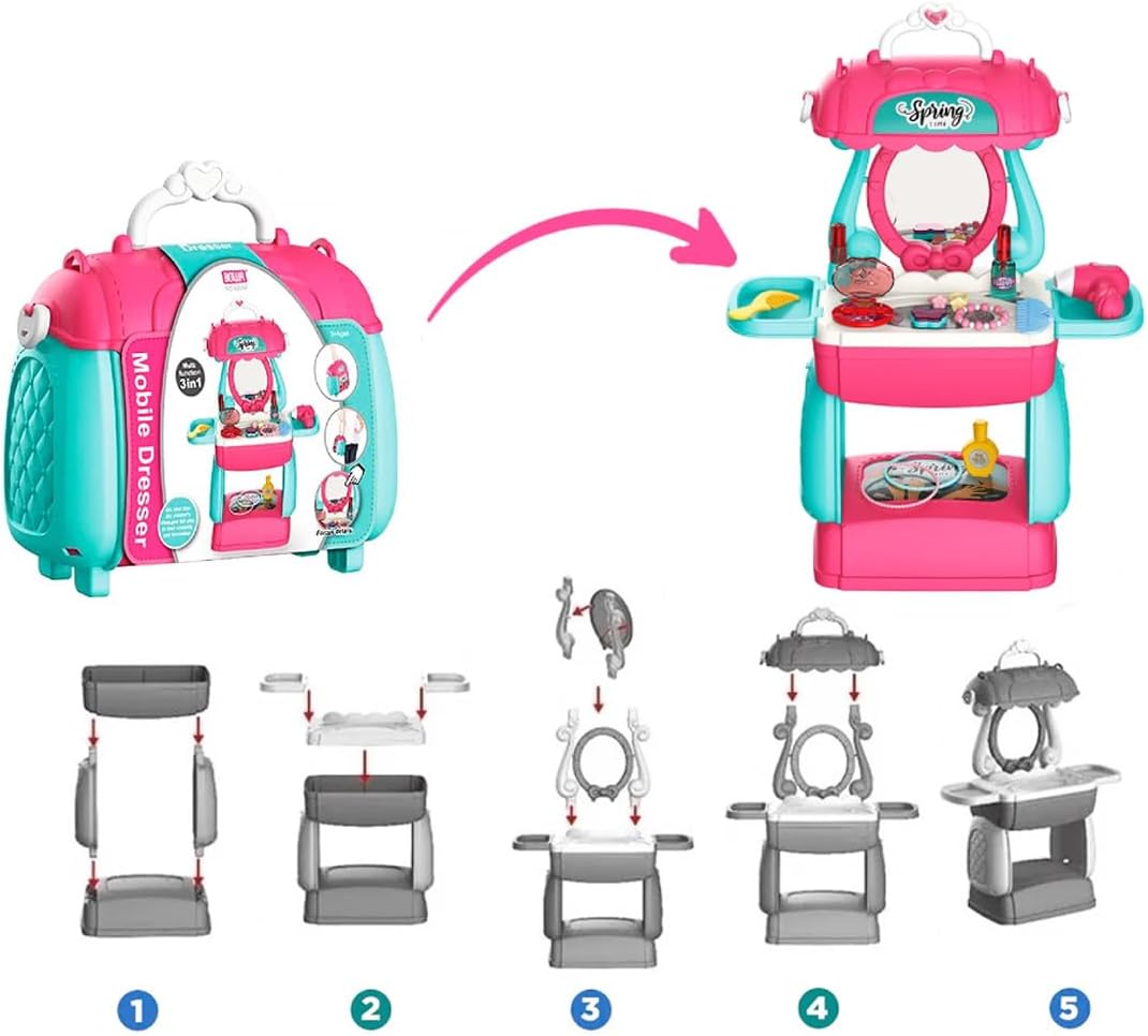 Kids 3 in 1 Pretend Play Makeup Vanity Trolley Case with Accessories