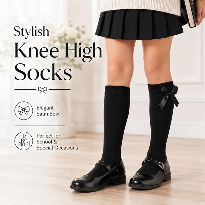 3 Pairs of Girls Knee High Socks with Satin Bow - 4 Colours Available - UK 4-6