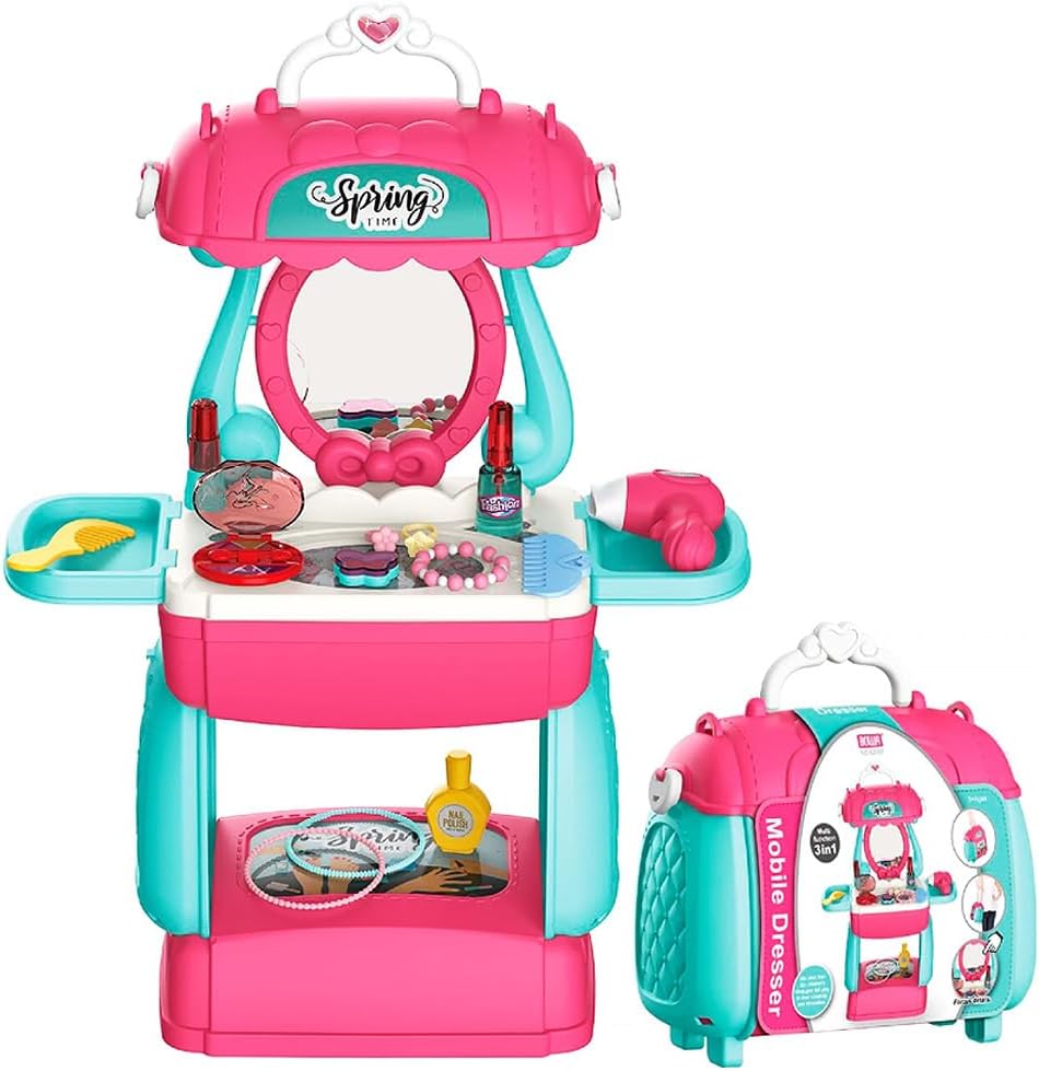 Kids 3 in 1 Pretend Play Makeup Vanity Trolley Case with Accessories