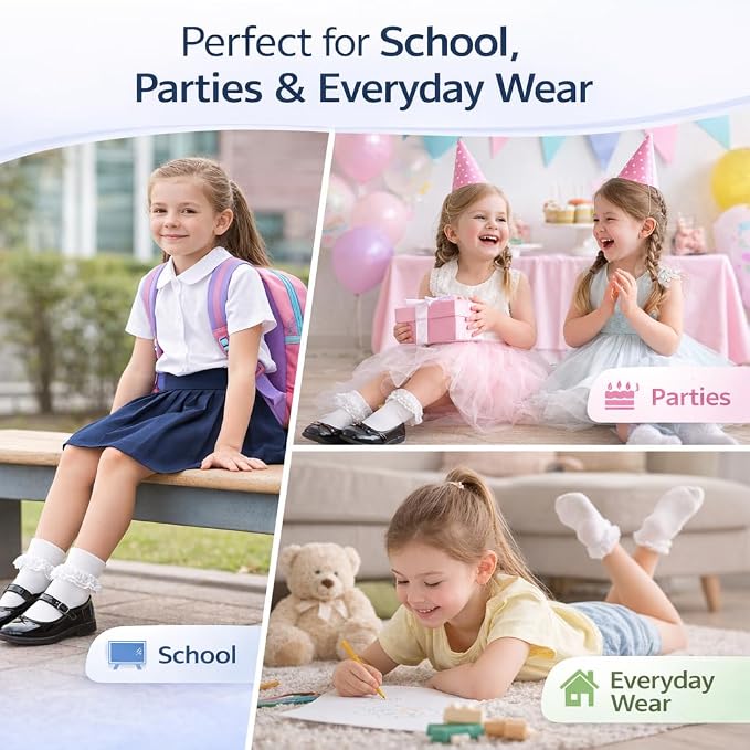 Girls Back To School 3 Pack of Frill Lace Socks - 3 Colours