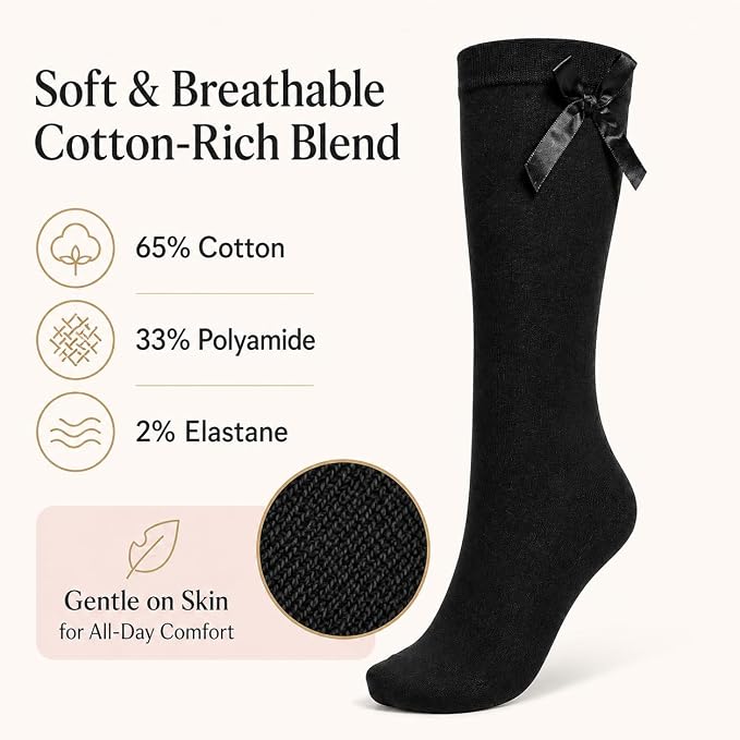 3 Pairs of Girls Knee High Socks with Satin Bow - 4 Colours Available - UK 4-6