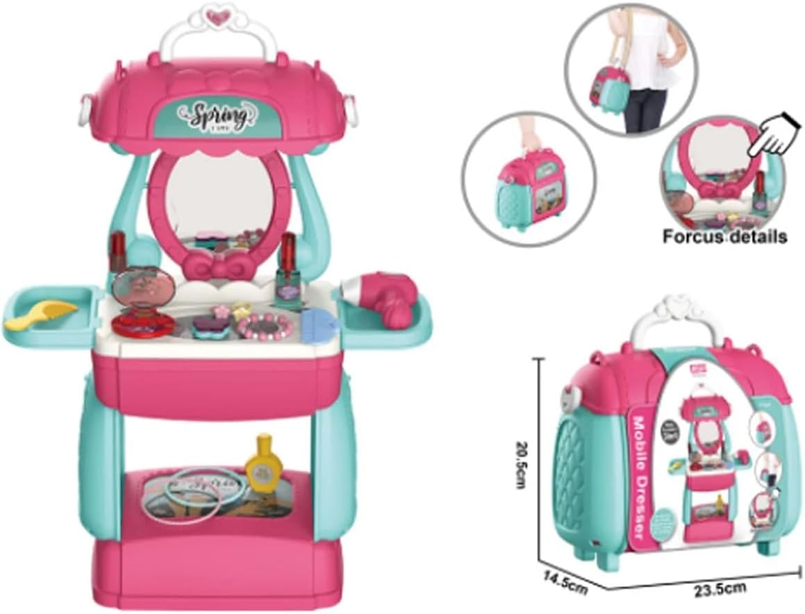 Kids 3 in 1 Pretend Play Makeup Vanity Trolley Case with Accessories