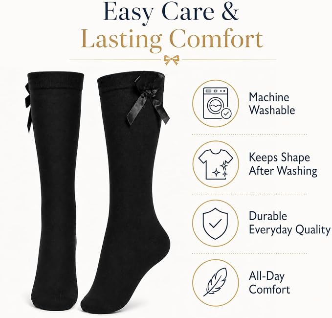 3 Pairs of Girls Knee High Socks with Satin Bow - 4 Colours Available - UK 4-6