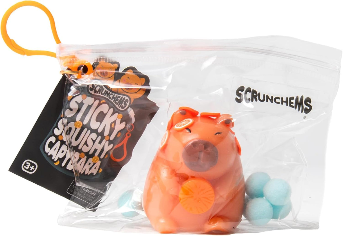 Scrunchems Sticky Squishy Cabybara Fidget Squish Sensory Toy in Bag with Keychain Clip