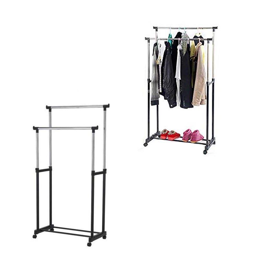 Double Garment Holder Stainless Steel Clothes Pole Rack Adjustable 30kg 6214